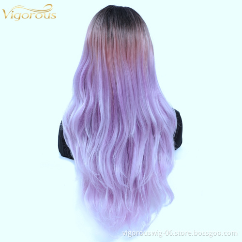 Vigorous best ombre purple color  27 inch curl bulk women heat resistant silk premium synthetic hd lace front wig